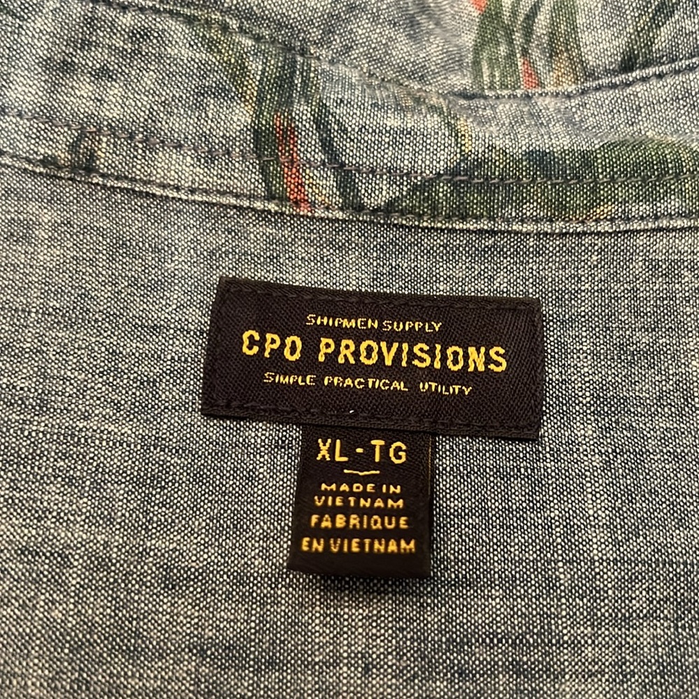 Floral Denim Short Sleeve Button Down Shirt, CPO Provisions - Picture 3 of 3